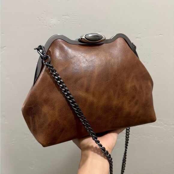 Crazy Horse Cowhide Handmade Custom Frame Push Lock Handbag/Multi Use Style - Picture 9 of 16